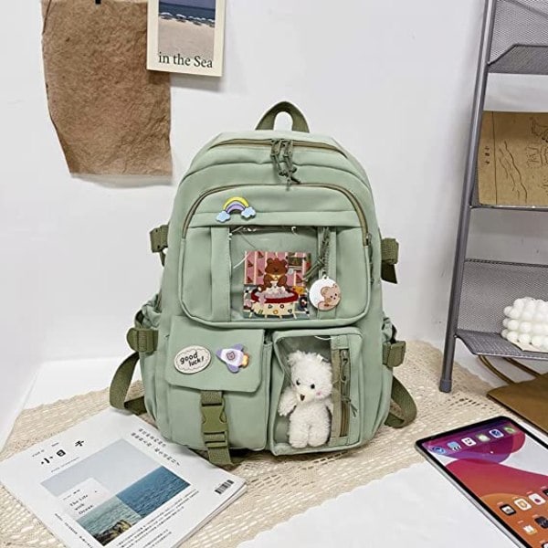 Ryggsekk med Kawaii-pins og tilbehør, 40*30*11cm (Grønn) (LGL)