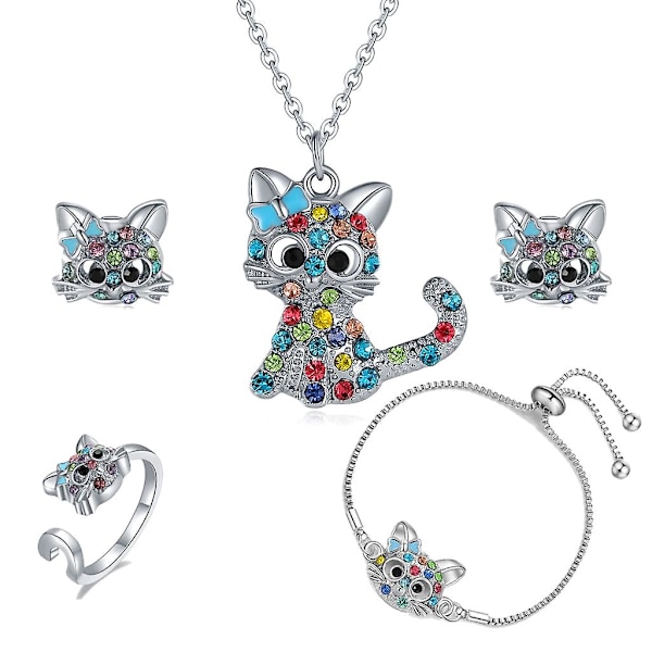 Katt Smyckeset för Flickor Barn Regnbåge Rhinestones Smycken för Kvinnor Flickor [GGL] Blue