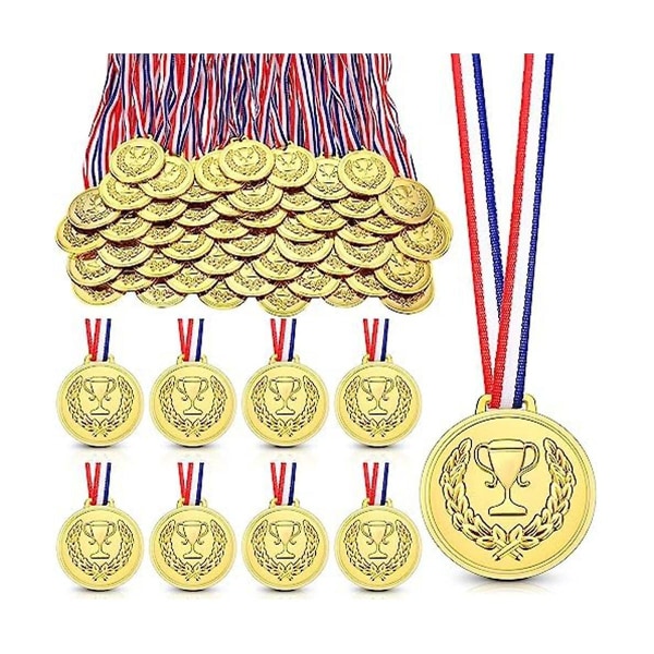 50 stk plastik guldmedalje til børn 2,36 tommer trofæ vinder medaljer til priser med halsbånd deltagelse medaljer[GL] gold