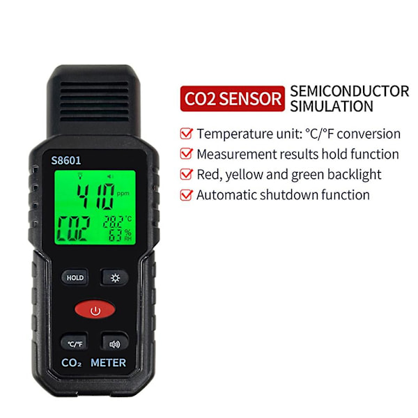 3 i 1 CO2 Måler Luftkvalitetsmonitor Håndholdt 5000Ppm CO2 Monitor Måling Kuldioxid / Detektor S8601 LGL BlackRed