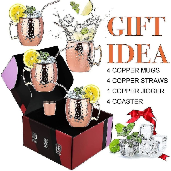 Koppar Mugg Set Om 4 Koppar Muggar, Koppar Mule För Moscow Mule Cocktail, 16oz Presentset [LGL]