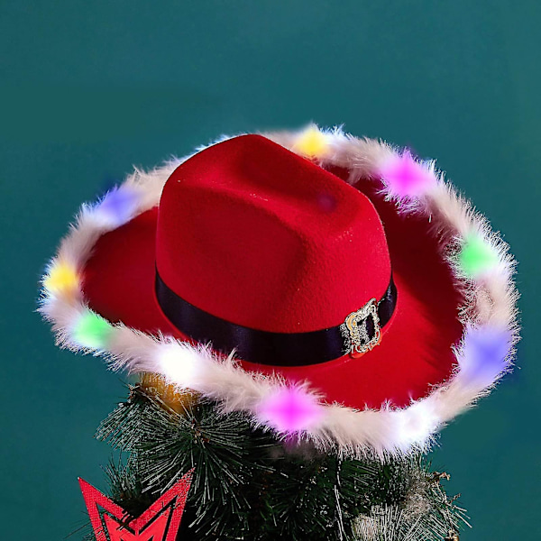 LED Rød og Hvit Jule Cowboyhatt Santa Claus Western Feriehatt Cowboy Santahatt Blinkende Western Julehatt TA (LGL) Multicolor