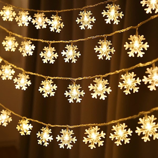 Innendørs julelys (varm hvit), 6m 40 LED snøfnugg lyslenke, innendørs og utendørs juledekorasjonslys