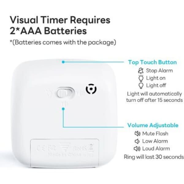 Visuel Timer til Børn og Voksne – 60-minutters nedtællingstimer med lydløs flashfunktion, regnbuemønster, børnetimer til klasseværelset, (LGL)