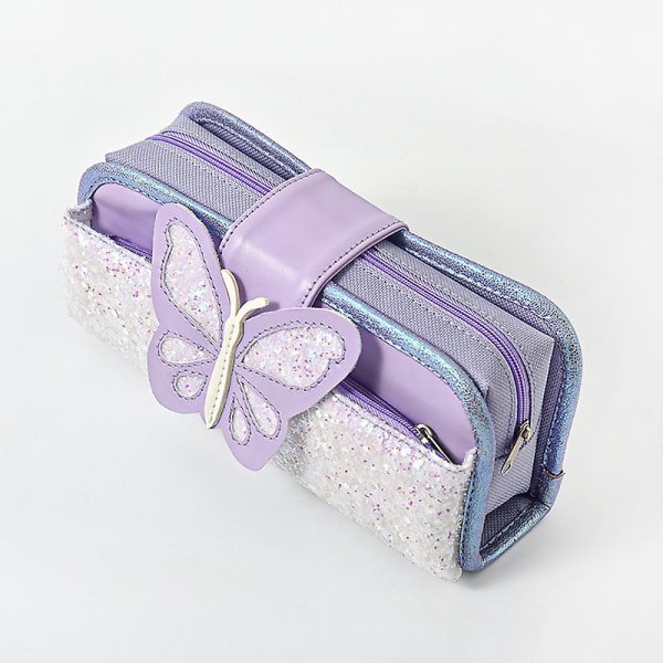 Sommerfugl Sequin Blyantpose Dobbelt Lynlåse Stor Kapacitet Stationery Taske (Lilla) (2-CC)