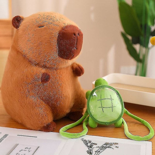 Capibara-dukke med skilpadderygg, sittende stilling, vannmarsvin, plysjleketøy, Capybara-putedukke