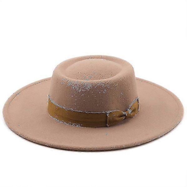 Hatte til mænd og kvinder, bowlerhat i uldfilt med sløjfe, flad top, bred skygge, letvægts retro klassisk LGL Khaki2