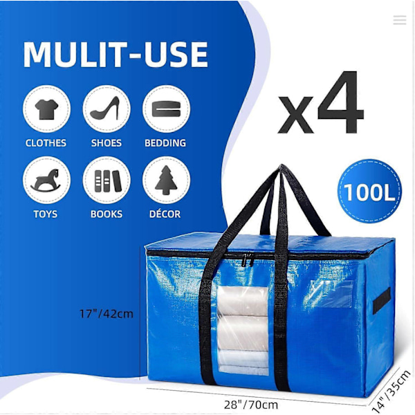 Flyttväskor Extra Stora Förvaringsväskor 4-pack, Klart Fönster & Förstärkta (LGL)