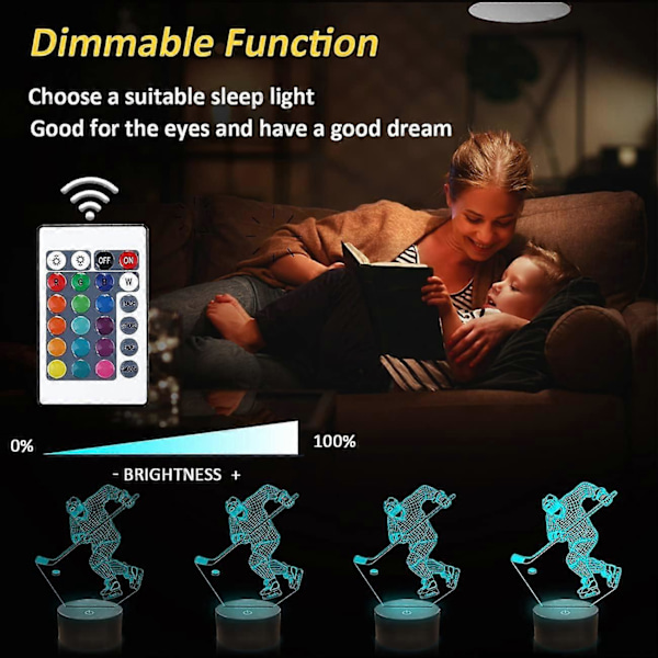 Hockey Nattlampa, Ishockey Spelare 3D Illusion Lampa för Pojkars Rum Dekoration med Fjärrkontroll + Touch 16 Färger Blinkande Växlande Skrivbordslampor för Barn (LGL)