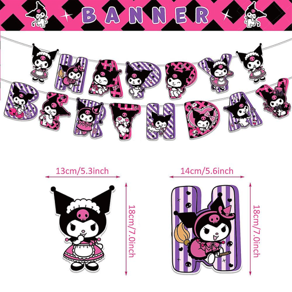 Kuromi tema Grattis på födelsedagen festtillbehör Banner Ballonger Kit Tårta Cupcake Toppers Dekoration Set