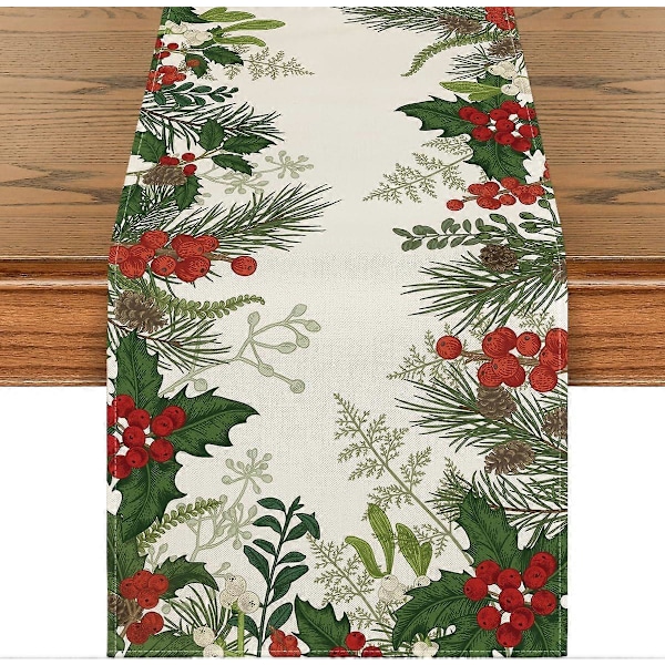 Holly Pine Cone Joulupöytäliina, kausiluonteinen talvinen keittiön ruokapöydän koristelu kotijuhliin 33x183 cm - Vihreä (LGL)