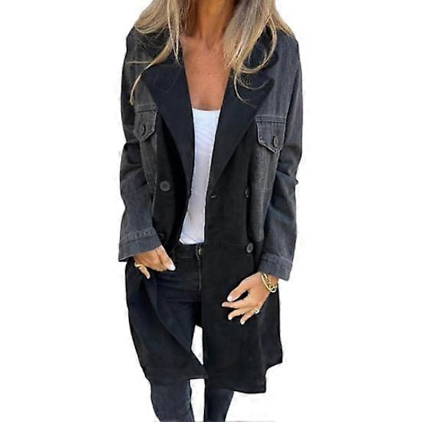 Naisten kevät-syystakki Denim-takki Päällystakki Tilkkutäkki Kaksirivinen läpällisillä taskuilla Värilohko Puolipitkä Naisten päällystakki LGL black XL