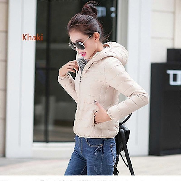 Dame Ultralet Hætte Duck Down Jakke Langærmet Ensfarvet Slim Kort Lynlås Frakker LGL khaki 2XL