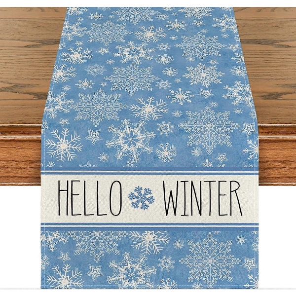 Blå Juledug med Hello Winter Snefnug, Køkken Spisebord Dekorationer, Sæsonbestemt Juleferie til Festindretning, 33x183 cm (LGL)