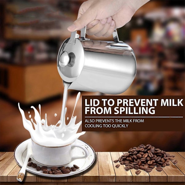 350 ml ruostumattomasta teräksestä valmistettu maidonvaahdotuskannu kannella espressokahville