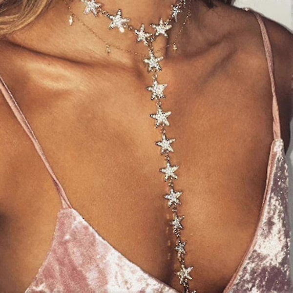Rhinestone Lång Halsband Kedja Kristall Stjärna Y-halsband Sommar Strand Choker Halsband Smycken För Kvinnor Och Flickor (silver)---Produktkod 58365
