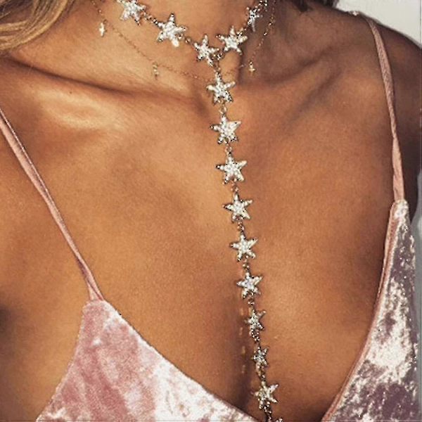 Rihmaustettu pitkä kaulakoru ketju kristalli tähti Y-kaulakoru kesä ranta choker kaulakoru korut naisille ja tytöille (hopea)---Tuotekoodi 58365