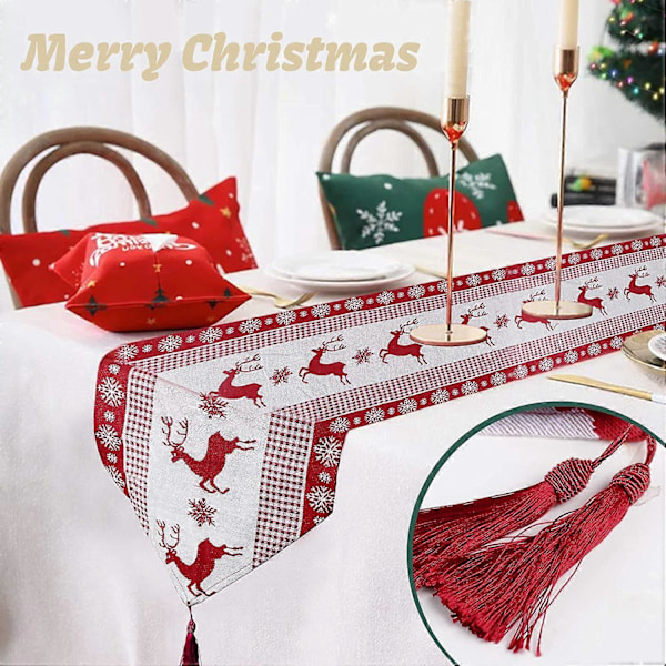 Julbordslöpare 33x180cm Duk Vit Röd Älgmönster Tyg Julfest Dekoration för Matsal Kök Julgran (LGL)