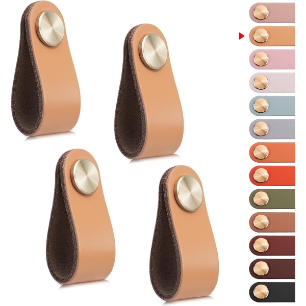 4 st läderhandtag för möbler, skåpdörrknopp läderhandtag lådknopp, vintage möbelhandtag för skåp, byrå, kök (beige, enkel hål)