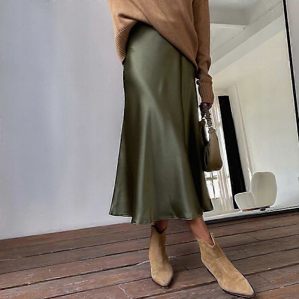 Kjol Vår Och Sommar Draperad Satin Mellanlång Hög Midja Väska Höft A-linje Kjol LGL BLACK L