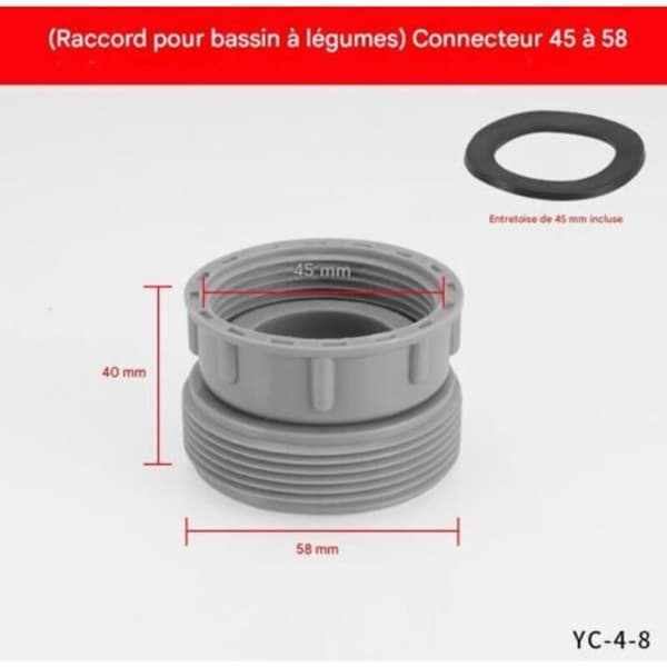 Køkkenvask afløbsreduktion (45 mm hun til 58 mm han) til køkkenvask si (LGL)