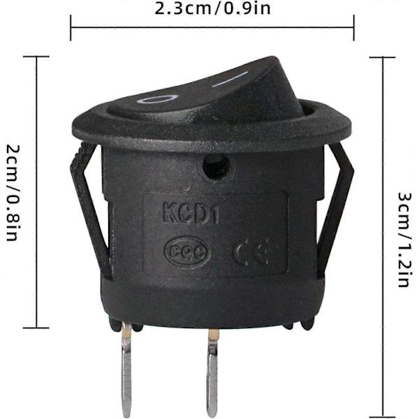 10 kpl pyöreä keinukytkin lukituskytkin SPST-painike 2-nastainen AC 6A/125V 3A/250V autoon, kuorma-autoon, veneeseen (LGL)