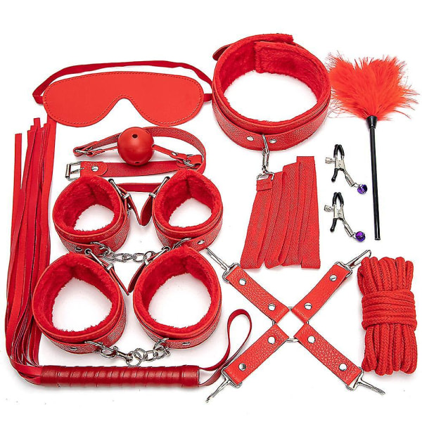 10 stk/sett Leather Bodaged Kit Adlt - Håndjern/ankelmansjetter/krage//munnstopper/pisk/bomullsnor/kryssspenne/brystklips/fjær[GL] Red