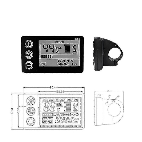 S866 Elektrisk Cykel LCD Display 24v 36v 48v E-cykel Elektrisk Scooter Display Meter Kontrolpanel Med Vandtæt Stik LGL