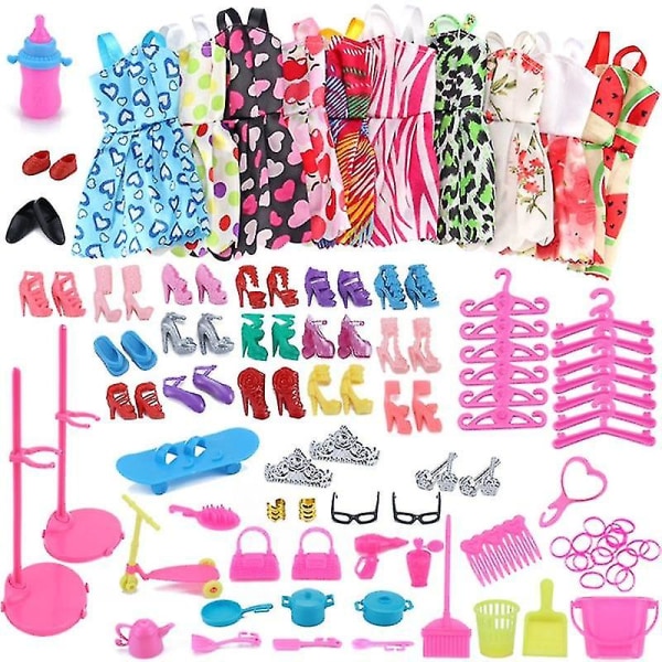 85 kpl set 10 kpl vaatteita 75 kpl asusteita Barbie-nukkeille tyttöjen lahjoihin