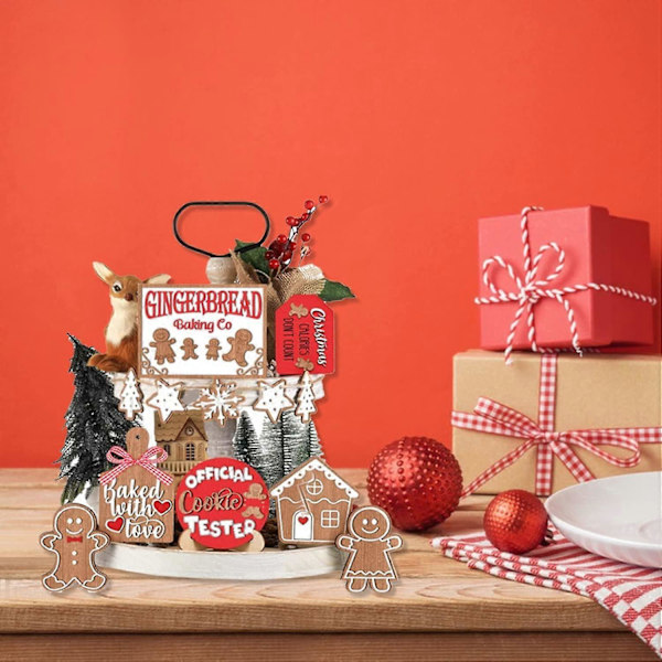12-delars Juldekorationsset med Bricka, Vinter Pepparkaksgubbe Tema Träbordskyltar för Hemfesttillbehör, Bricka Ingår Ej (LGL)