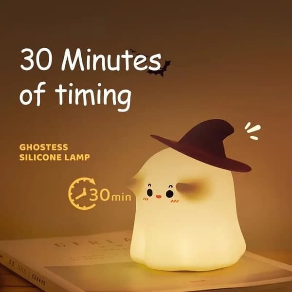 Ghost Night Light USB Rechargeable, Adjustable Brightness with Witch Hat, Halloween Decor_OF (LGL) varmt ljus