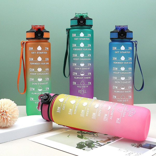 1000 ml gratis motivationsvandflaske med tidsmarkør, fitnesskander, gradientfarvede kopper, udendørs frostede vandflasker [LGL]