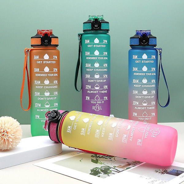 1000 ml Gratis Motiverende Fitnesskander med Tidsmarkering Gradient Farvekopper Udendørs Frostet Vandflaske [LGL]