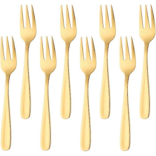 Kakegaffel i rustfritt stål med 3 tenner, fruktgaffel, 8-delt gullgaffelsett, speilpolert, perfekt for bryllup, fest, dessert (LGL)