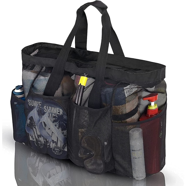 WABJTAM Ylisuuri rantalaukku, XL mesh laukku vetoketjulla ja taskuilla, täydellinen perheen rantamatkoille MUSTA