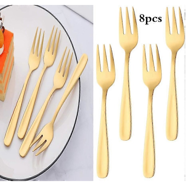 Kakegaffel i rustfritt stål med 3 tenner, fruktgaffel, 8-delt gullgaffelsett, speilpolert, perfekt for bryllup, fest, dessert (LGL)