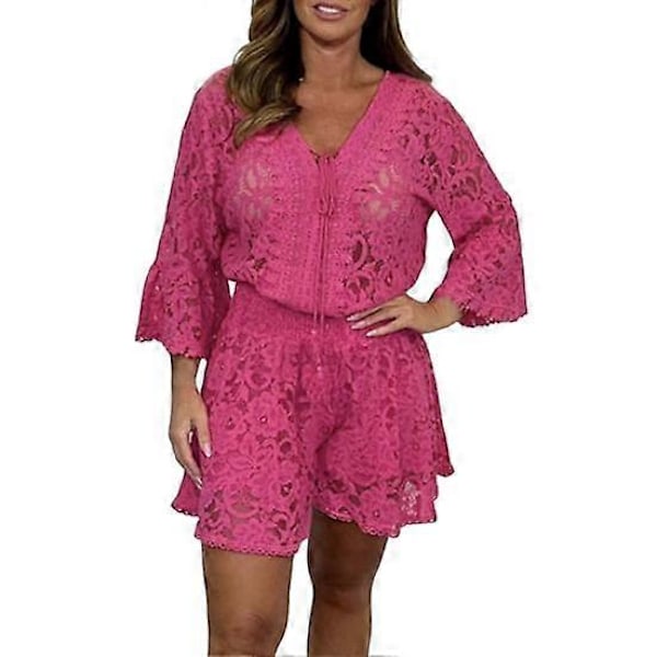 2 st/Set Dam Topp Shorts Set Utskuren Spets Blomsterbroderi V-ringning Dragsko Trekvartsärmar Elastisk Hög Midja Lös Dejting Com LGL pink M
