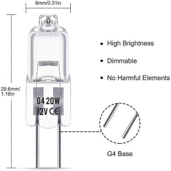 20 stk G4 Halogenpære 20w Dc12v Innendørs Halogen G4 Lampe Krystallpære LGL