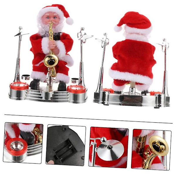 Dansende og syngende julemand, der spiller tromme, juledukke, musikalsk bevægelig figur, batteridrevet dekoration Saxophone