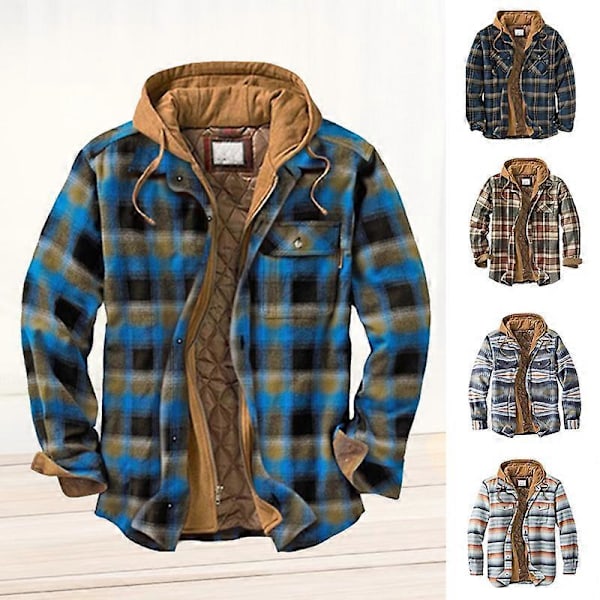 Herre Varm Vattert Foret Bomullsjakke med Hette Knapper Glidelås Langermet Rutete Jakker LGL Color 32 2XL