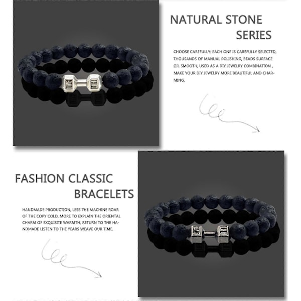 Traintough Hantelarmband för Män, Coolt Vulkanisk Sten Ångestpärlarmband, Justerbart Yoga Hantelarmband Gåvor LGL silver A