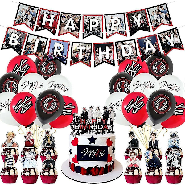 Heytea Stray-kids Juhlatarvikkeet, Stray-kids Juhlakoristeet Sisältävät Hyvää Syntymäpäivää Bannerit, Kakun Koristeet, Cupcake-koristeet, Ilmapallot (LGL)