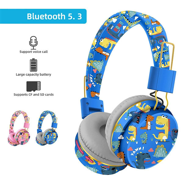 Trådløst Bluetooth Headset med Mikrofon Dinosaur Dyre Stereo Musik Høretelefoner TF Kort Hovedtelefoner til Børn - Pink