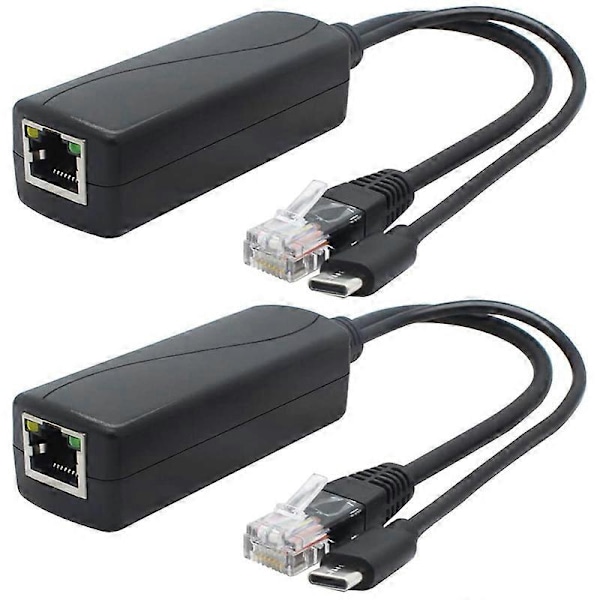 2-Pakning 5V Gigabit PoE Splitter, USB Type C, 48V til 5V 2.4A Adapter, IEEE 802.3Af Kompatibel LGL Black