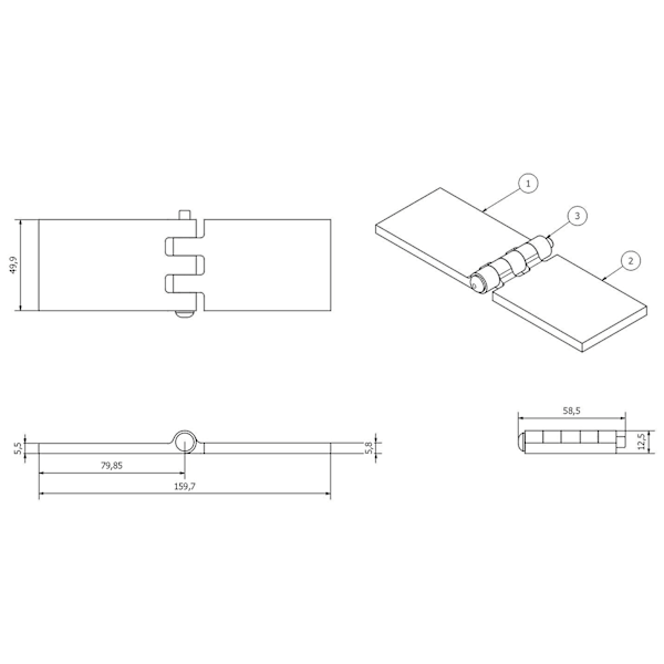 Stål Butt Hinge Svejsbar Ekstra Tung Pligt Industri 50x161mm