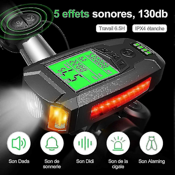 USB Oppladbar Sykkellykt med Speedometer Sykkelcomputer - Kraftig Front- og Baklykt for MTB, Cy LGL