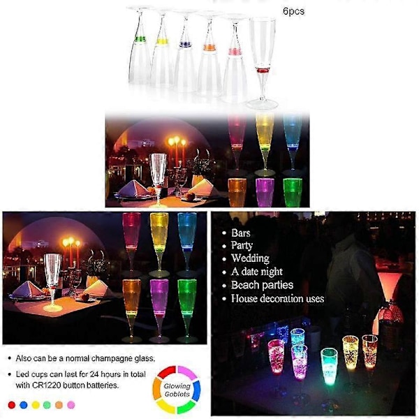 6 st LED Vin Champagne Glas Vatten Vätskeaktiverade Blinkande Lysande Muggar LGL