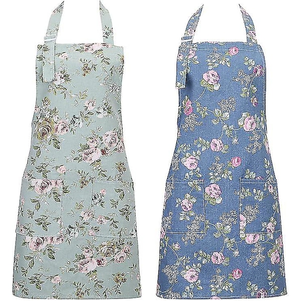 2 Pack Kitchen Aprons for Women, Adjustable Floral Aprons Chef Bakers Apron Cooking Apron with Big Pockets for Cooking Baking Gardening-Good [L]