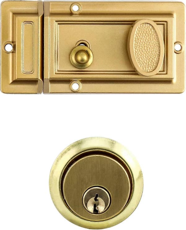 Nattlås med nøkkel, gullfinish, antikk stil, front (LGL)