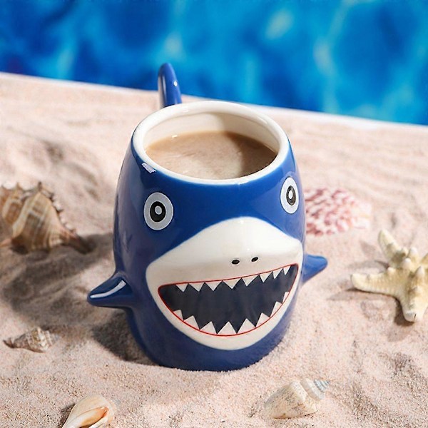 Shark Keramisk Kopp for Barn Gutter Jenter 450ml Varm Sjokolade Kakao Kaffe Te Krus Bursdagsgave Fest Keramisk Drikkekar LGL Blue